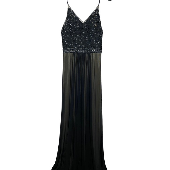Faviana Long Black Chiffon Dress with Beaded Top Sz 4 - Picture 2 of 11